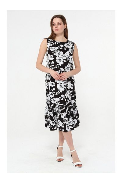 BNZ TEKSTİL Viscose Fabric Black and White Flower Patterned Women's Dress
