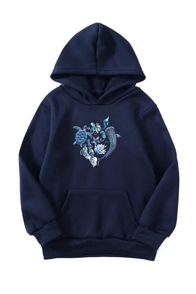 Sweetline Hanorac unisex oversize cu glugă cu imprimeu Winter Sea Creatures - bleumarin
