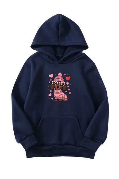 Sweetline Unisex Oversize Hooded Winter Heart Dog Printed Hooded Sweatshirt - Navy Blue