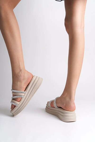 KÖMEN Elise Flat Heeled Striped Stone Thick and Orthopedic Sole Women's Slippers Kt - Cream