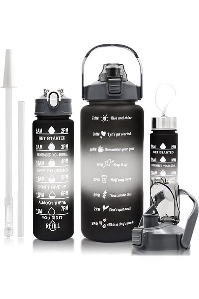 nuzki Motivational Set of 3 - Bpa-free Black Water Bottle, Water Bottle and Water Bottle