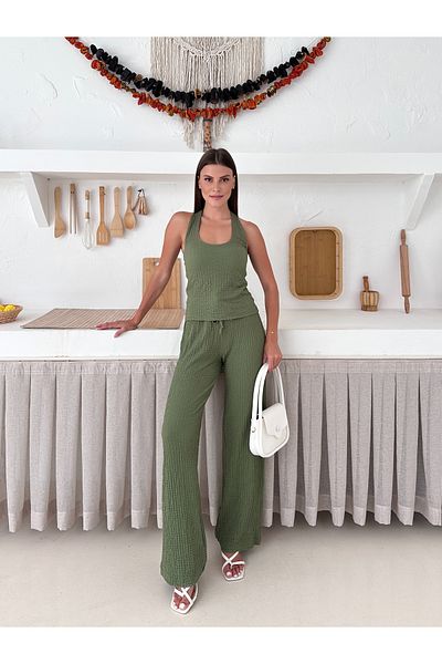LE CARAMBOLE Women's Khaki Back Low-Cut Detailed U-Neck Blouse Pants Bottom-Top Set