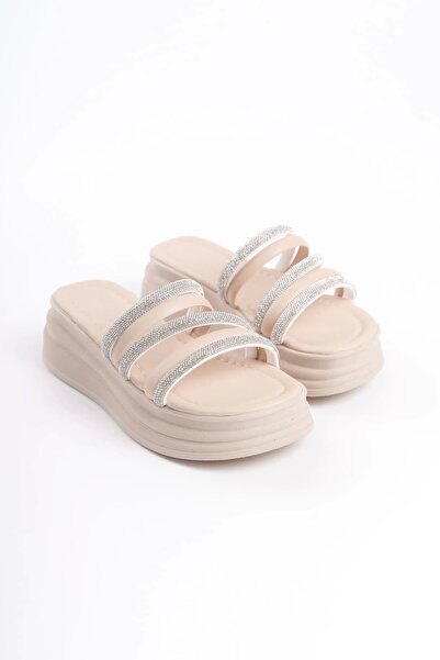 KÖMEN Elise Flat Heeled Striped Stone Thick and Orthopedic Sole Women's Slippers Kt - Cream