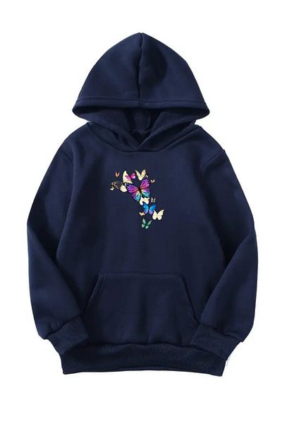 Sweetline Unisex Oversize Hooded Winter Little Colorful Butterflies Printed Hooded Sweatshirt - Navy Blue