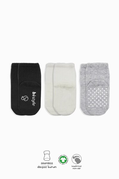 BUDİ HOME Bistyle Basic Non-Slip Combed Cotton Socks 3-Piece Bs10107 Black Ec...