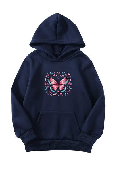 Sweetline Unisex Oversize Hooded Winter Colorful Butterflies Printed Hooded Sweatshirt - Navy Blue