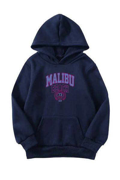 VBSVİBES Unisex Oversize Hooded Winter Malibu Printed Hooded Sweatshirt - Navy Blue