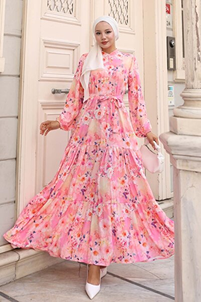 benguen Desenli Tesettür Elbise Pembe 584