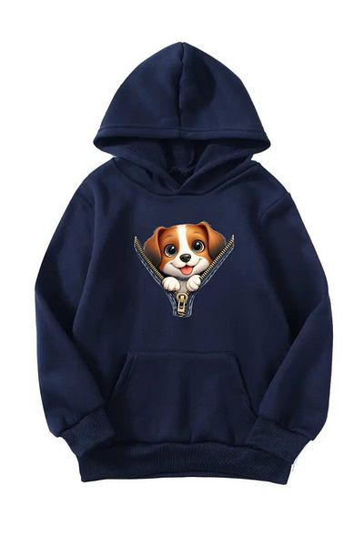 VBSVİBES Unisex Oversize Hooded Winter Zipper Dog Printed Hooded Sweatshirt - Navy Blue