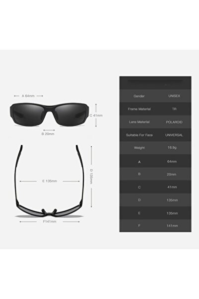 GERICOM - Sport sunglasses, rectangular shape, polarized, UV filter, black lens, black frame