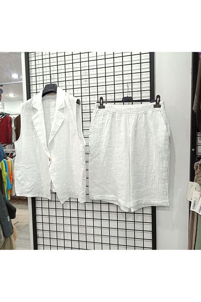 Butik Şans Heart Figure Detailed Vest Shorts Italian Linen Suit