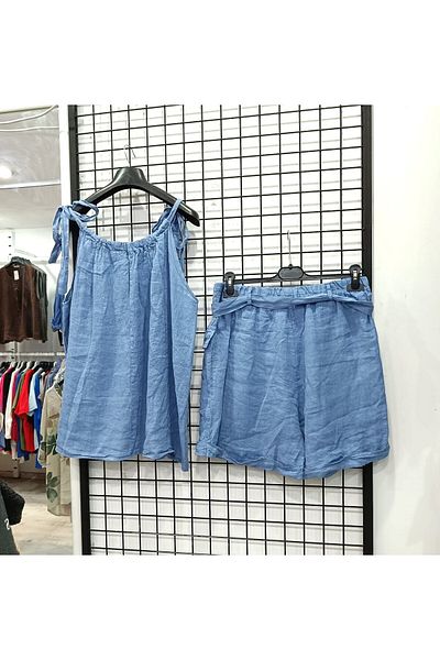 Butik Şans Tie Detailed Blouse Shorts Italian Linen Suit