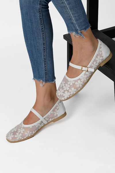 RENKLİBUTİK Women's Ballerina Flats Mesh Flower Embroidered Lightweight Comfortable Sole Stylish Ballerina Shoes Daily Women's Ballerinas