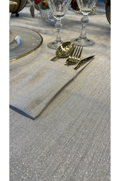 DEKORANLA Keten dokulu, simli ve şık ekru kaşıklık seti, 6 parça, zarif ev de...