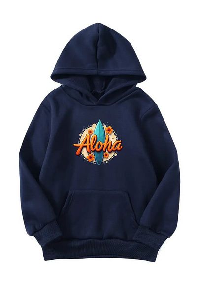 VBSVİBES Unisex Oversize Hooded Winter Aloha Skateboard Printed Hooded Sweatshirt - Navy Blue