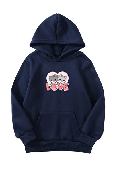 Sweetline Unisex Oversize Hooded Winter Double Love Cat Printed Hooded Sweatshirt - Navy Blue