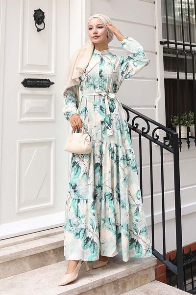benguen Patterned Hijab Dress Green 584