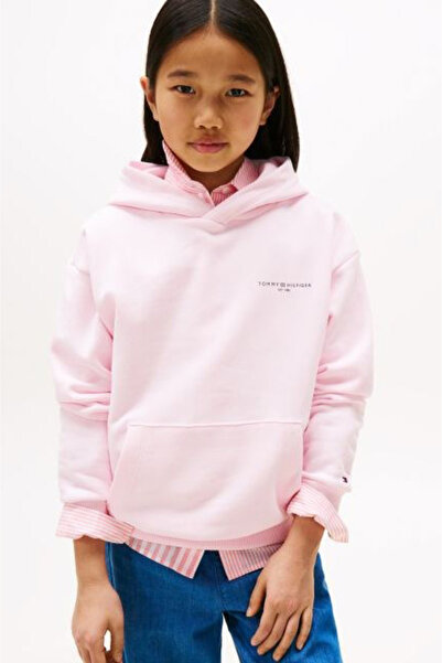 Tommy Hilfiger Kız Çocuk Kapüşonlu Minimal Logo Baskılı Sweatshirt - Pembe