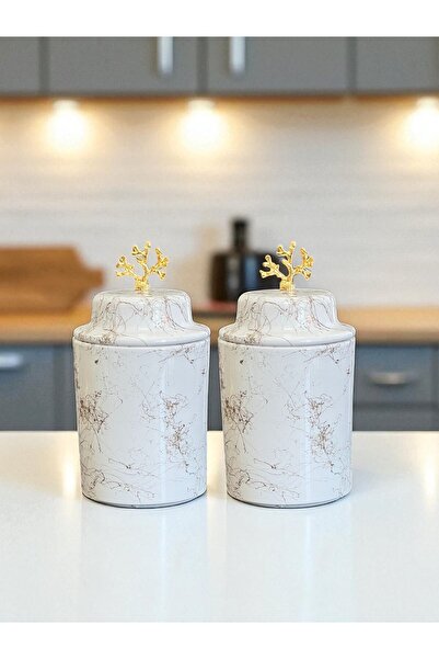 ferayhome Kitchen Accessory Spice Rack Set of 2 Ceramic Lid White Gold Marble Gold