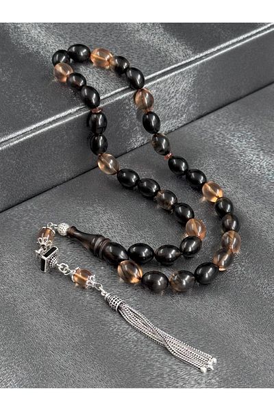 Tesbih-i Hazır Tesbihçilik Moire Crimping Amber Prayer Beads 925 Sterling Silver with Enamel Tassel Design