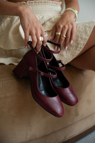 CİMİLİ SHOES Women's Burgundy Skin Kulia Mary Jane Thick Heeled Strappy Shoes