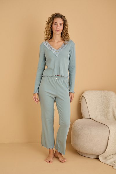 Siyah İnci Green Cotton Lace Ribbed Knitted Pajama Set25226005