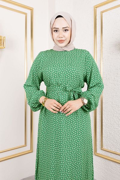 Tesettür Dünyası Crisp Patterned Viscose Dress Tsd250210 Green