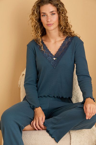 Siyah İnci Petrol Cotton Lace Ribbed Knitted Pajama Set25226005