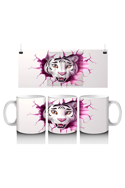Luluyen مجسم النمر الأبيض ينظر من الأرض المتشققة الوردية - كوب قهوة مطبوع