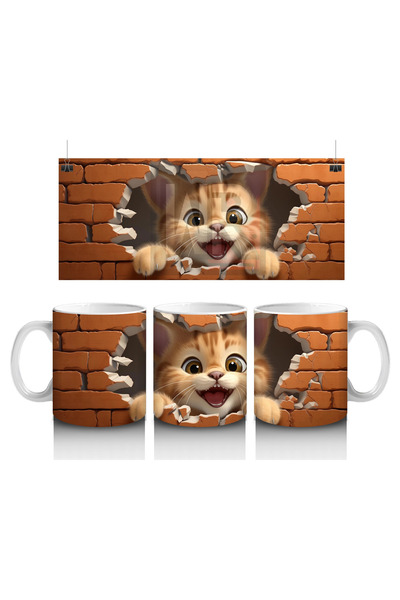 Luluyen قطة سعيدة تنظر من خلال جدار من الطوب - كوب قهوة مطبوع