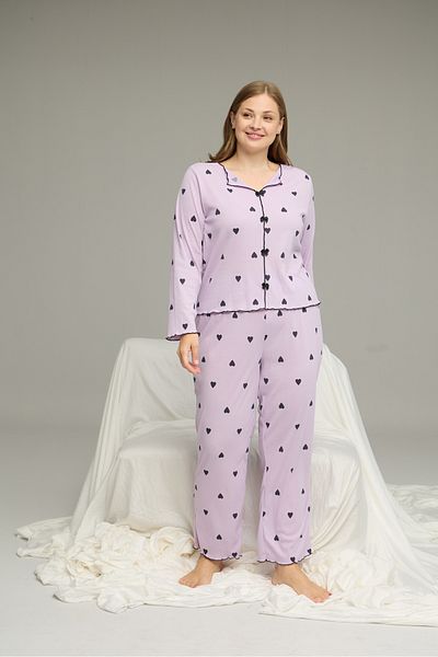 Siyah İnci Lilac Pattern Large Size Battal Cotton Bow Tie Ribbed Knitted Pajamas Suit25228001-9
