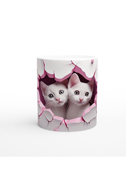 Luluyen قطتان بيضاء اللون ينظران من خلال كوب مطبوع على شكل جدار وردي متشقق