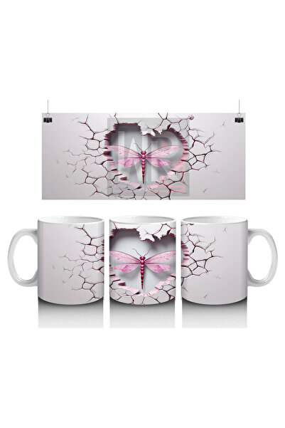 Luluyen Pink Dragonfly Illustration on Heart-Shaped Crack – Printed Coffee Mug