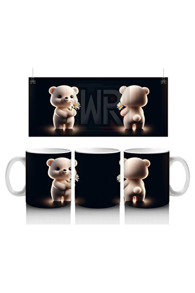 Luluyen مجسم دمية دب صغير على شكل زهرة الأقحوان على الوجهين - كوب قهوة مطبوع