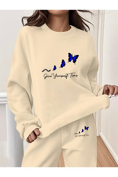 FUFLUNS Blue Butterfly Printed Oversize Unisex Cycling Collar Bottom/Up Tracksuit Set
