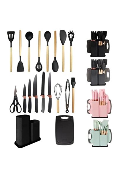 Tradeo 19pcs pink silicone spatula set with holder—BPA-free, heat-resistant, safe for nonstick cookware.
