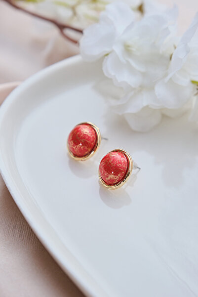 AURRARİ Vintage Kırmızı Taşlı Yuvarlak Küpe