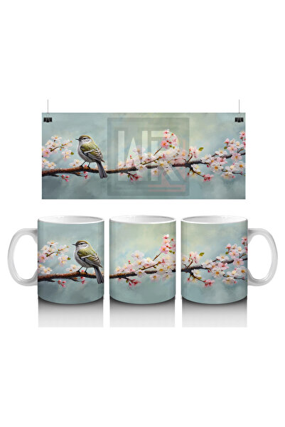 Luluyen طائر الجاحة يجلس على فرع زهري – كوب قهوة مطبوع