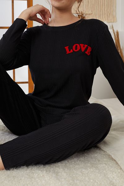 Siyah İnci Black Love Embroidery Ribbed Knitted Pajamas Suit25226001
