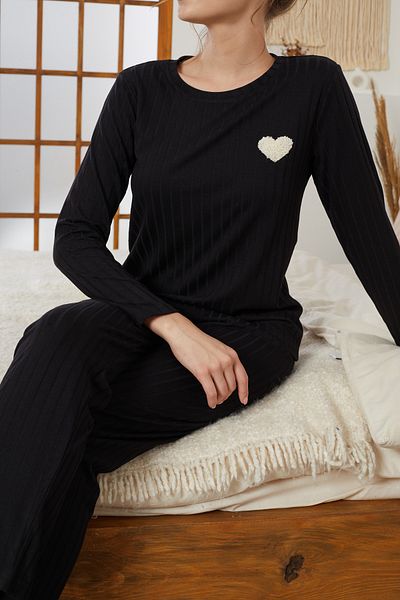 Siyah İnci Black Heart Embroidery Ribbed Knitted Pajamas Suit25226003