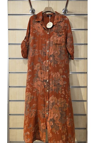 Park Moda Italian Long Linen Dress Tie Dye Rose Pattern