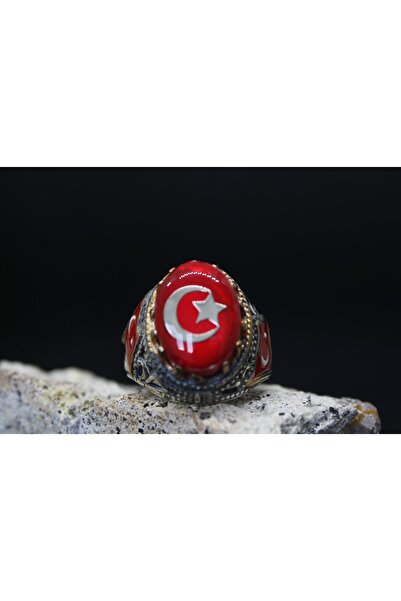 Senin Silver Türk Bayrak İşlemeli Mineli 925 Ayar Erkek Gümüş Yüzük