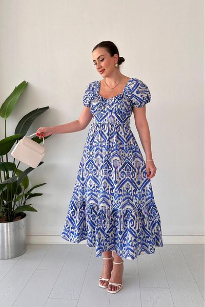 MaziButik Tie-Up Ethnic Poplin Dress Blue
