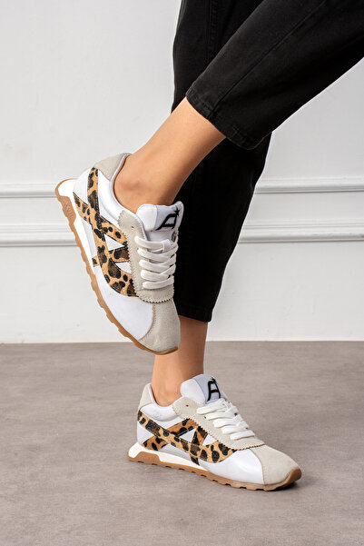 dabab shoes Women's Ecru Leopard Skin Leopard Detailed Lace up Flat Comfortable Daily Sports Sneakers