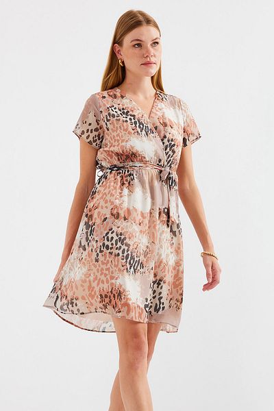 Merterium Women's Short Sleeve Patterned Chiffon Dress Beige 1126