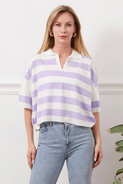 STILVANA Shirt Collar Stripe Knitwear T-Shirt