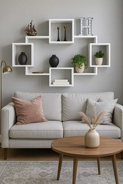 Woody Home Beyaz Dekoratif Duvar Rafı, Kitaplık, Gizli Bağlantılı, Uçan Duvar Rafı, Duvar Dekorasyon 115x95