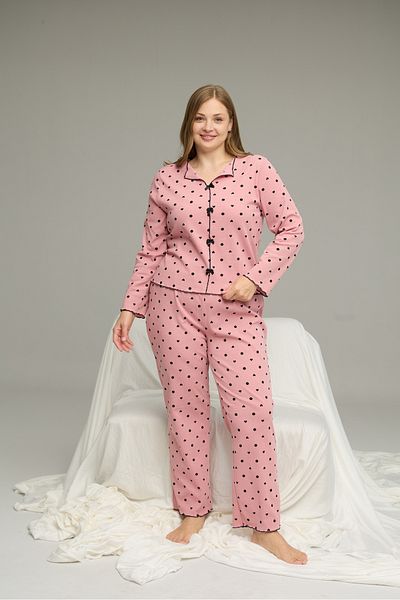 Siyah İnci Powder Pattern Large Size Battal Cotton Bow Tie Ribbed Knitted Pajamas Suit25228001-1