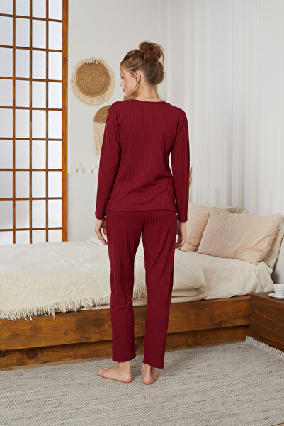 Siyah İnci Burgundy Heart Embroidery Ribbed Knitted Pajamas Suit25226003
