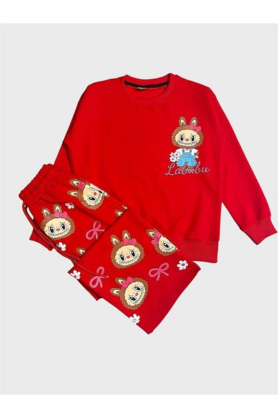 ALİŞ KİDS Girl's Cotton Red Color Labubu Patterned Long Sleeve Wide Leg Tracksuit Set